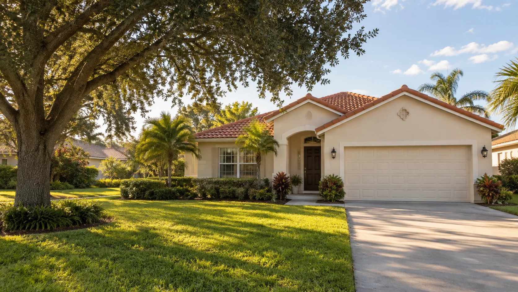 Illustrative Florida home with palms and a front garden